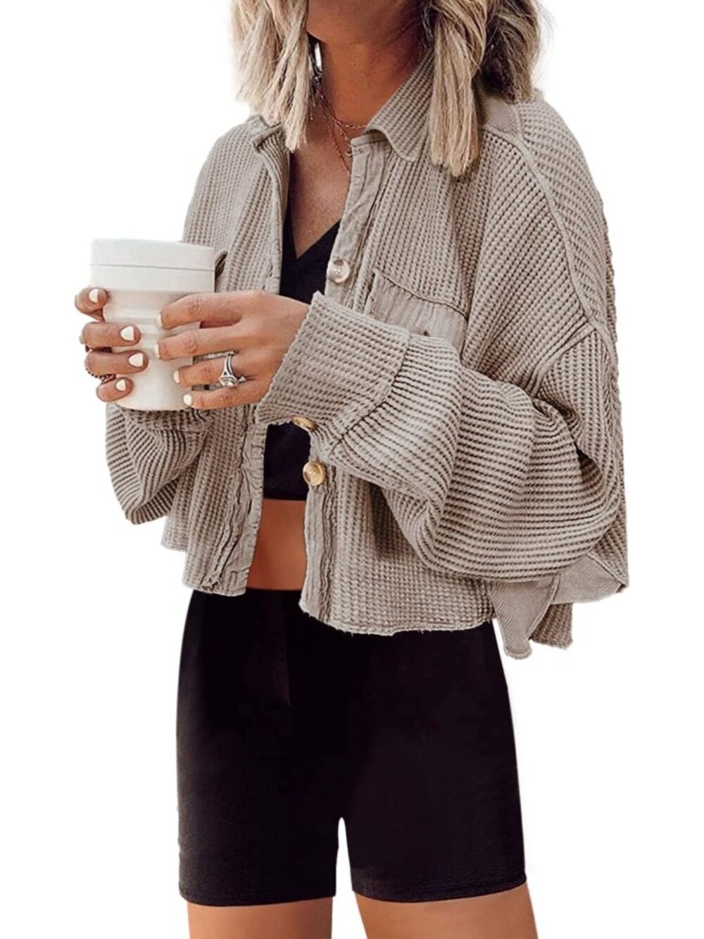 Women Light Khaki Cropped Waffle Knit Button Down Batwing Sleeve Cardigan Coat